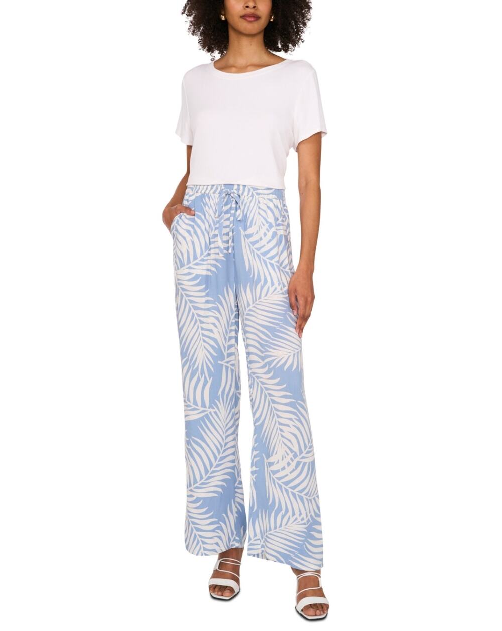VINCE CAMUTO Women's Wide Leg Print Pants XS Blue White Pull On Lake Breeze NWT